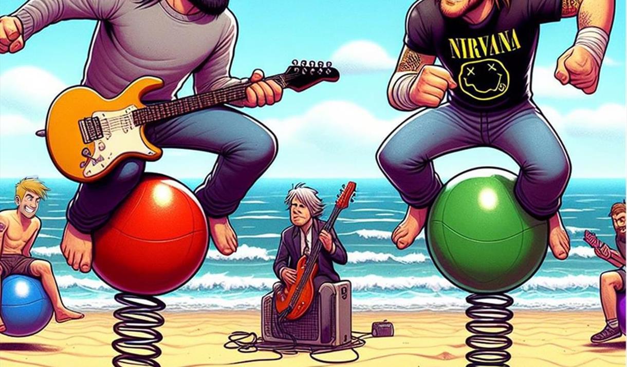 Cartoon of Foo Fakers and Nirvanot sitting on play equipment on the beach