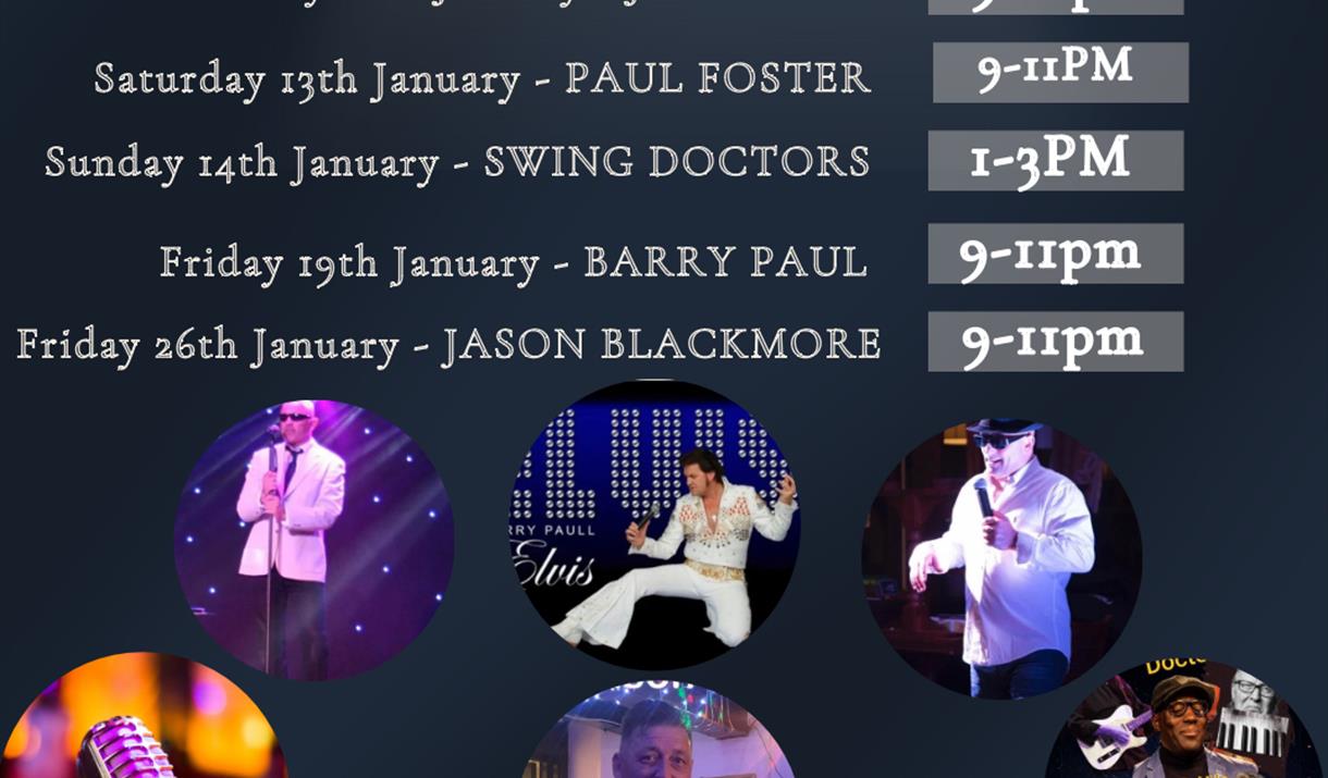 January live music line up in CJs bar at the Royal Hotel.  Images of tribute acts performing.