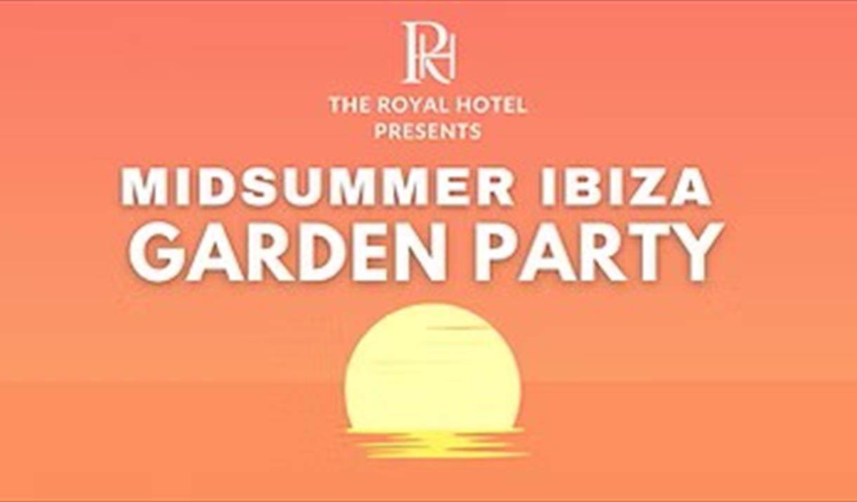 A yellow sun going down on an orange background to advertise an Ibiza Garden party at the Royal Hotel, Weston-super-Mare