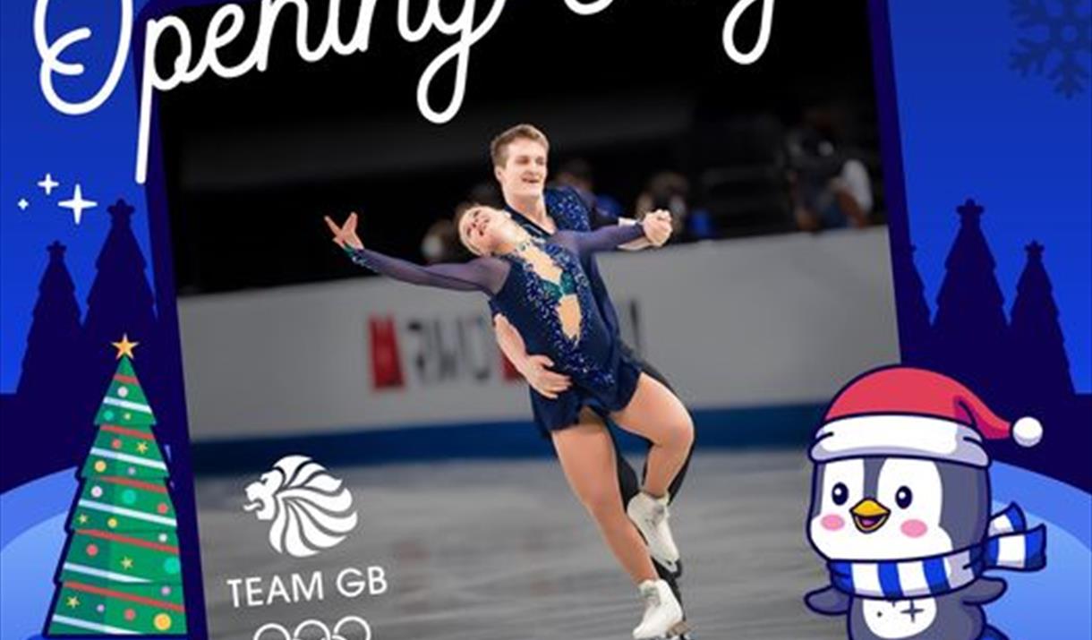 Ice dance couple performing with the lady in front and her arm outstretched. Image forms part of a poster