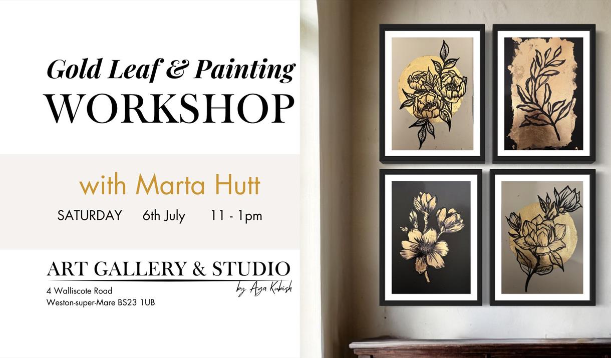 Poster of event showing details and images of golf leaf art work in black and gold.