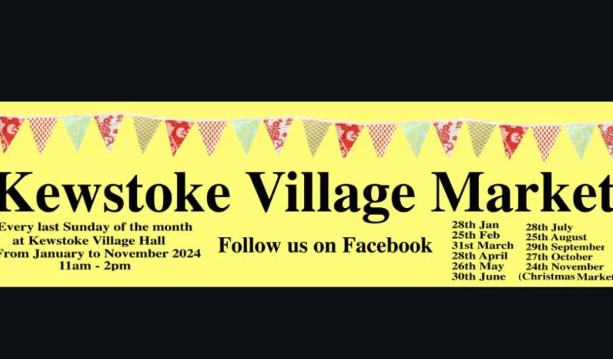 Yellow poster with bunting on a black background advertising a monthly village market