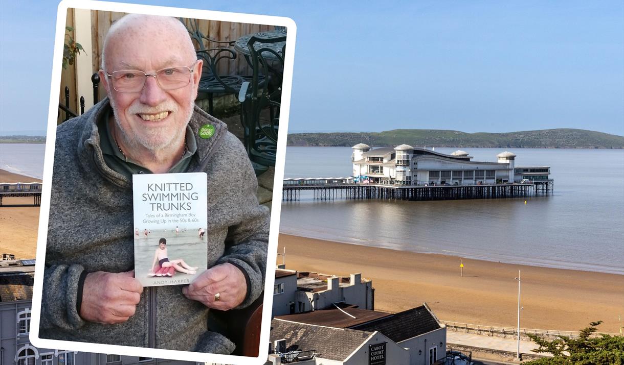 A man holding the book he has written is the inset image, over the main picture of a pier jutting out to sea from a sandy beach