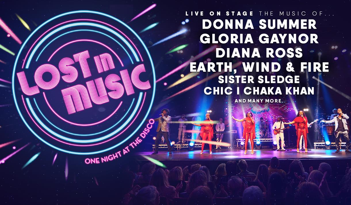Lost in Music poster with people singing on a stage in bright outfits.