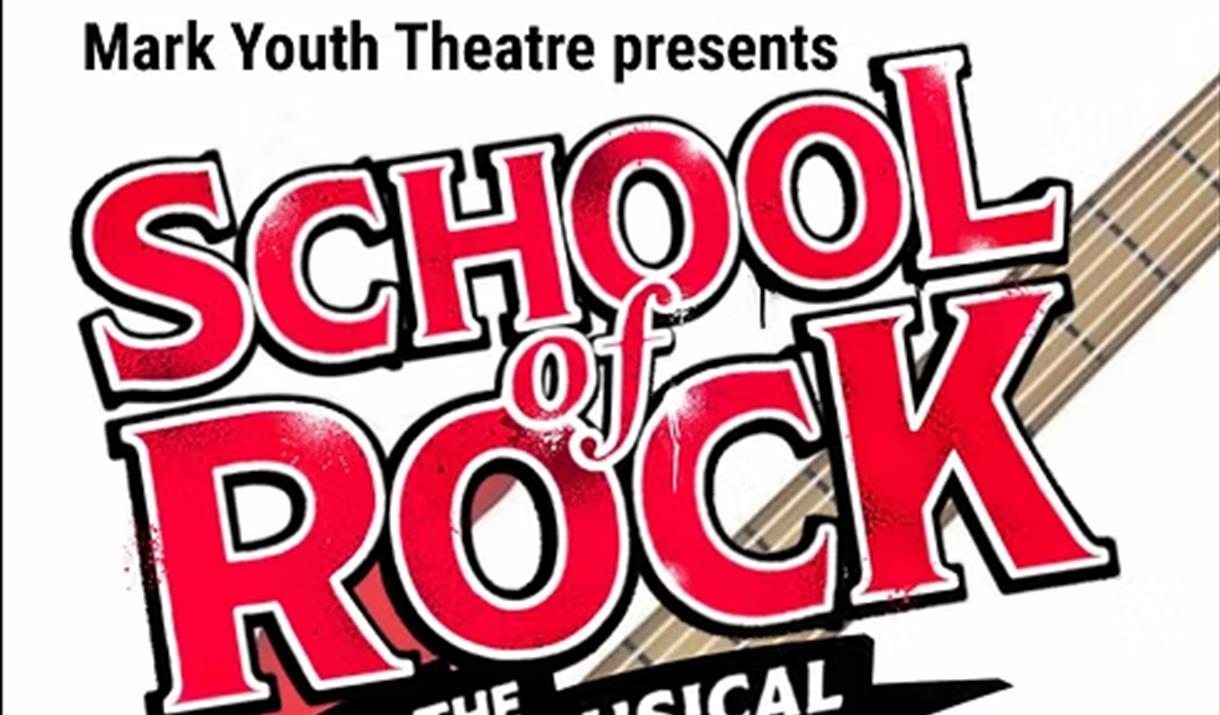 The words School of Rock in red letters set against an electric guitar on a white background
