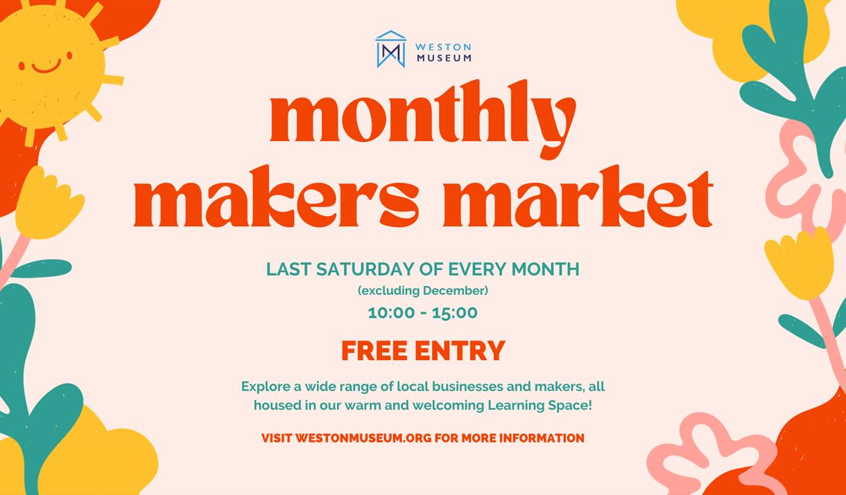 Brightly coloured poster including an image of a smiling sun with details of the monthly markets.