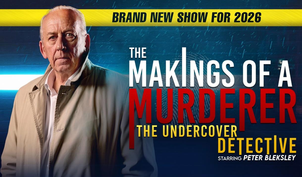 Police chief Peter Bleksey standing on the left a poster advertising The Makings of a Murderer Theatre tour