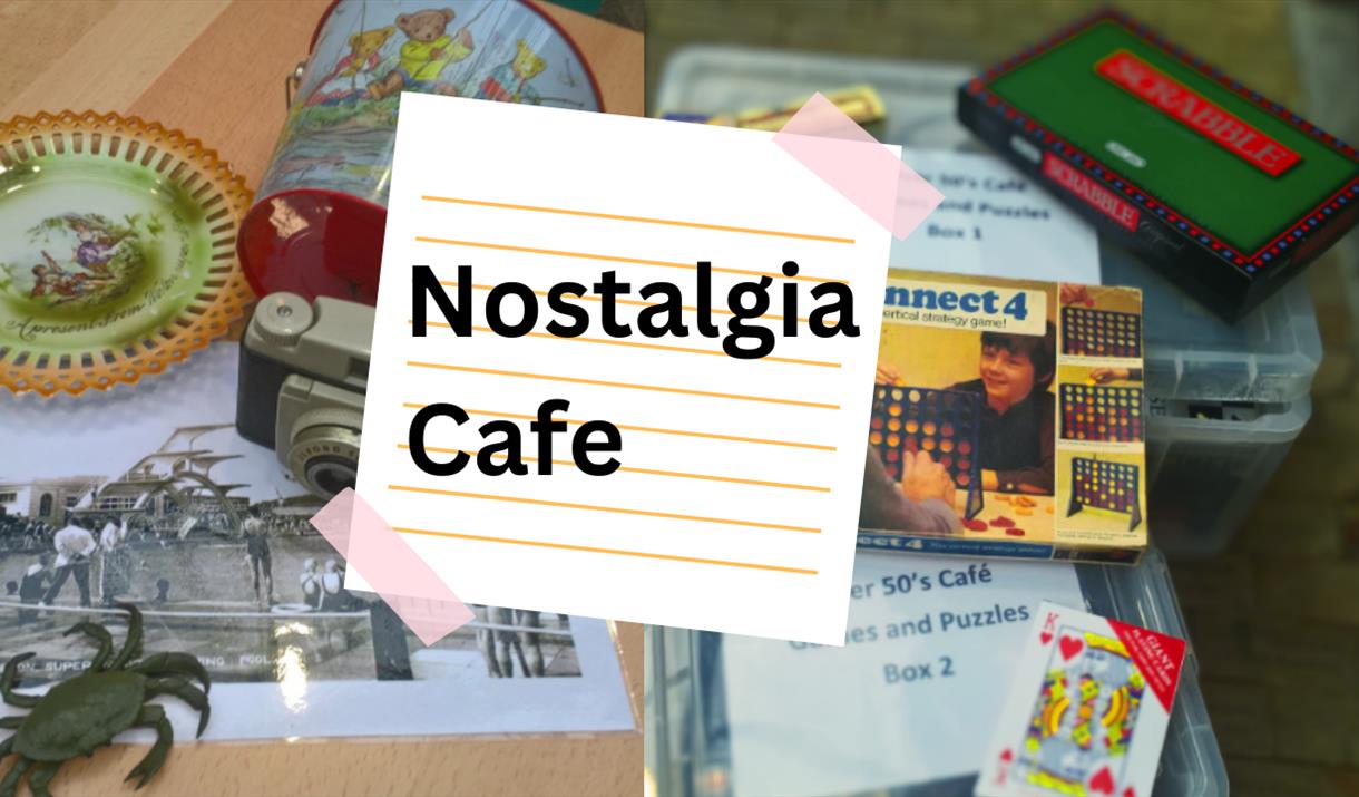 Images of items from the nostalgia cafe including plates, scrabble and playing cards.