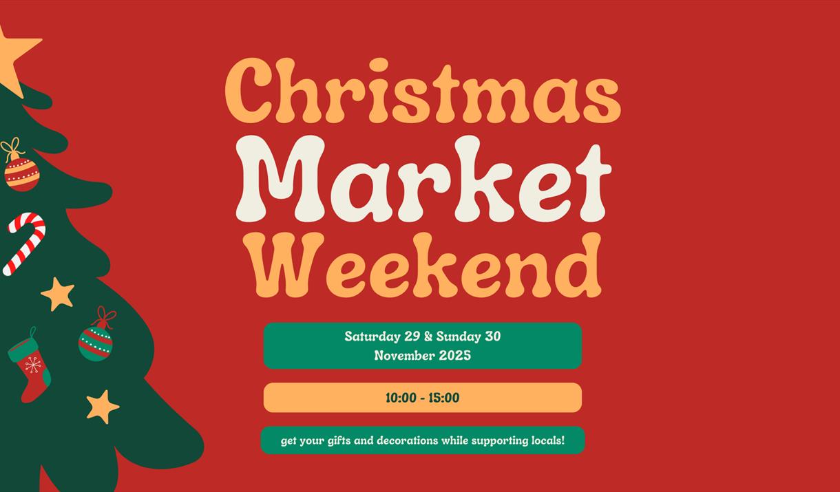 Poster featuring half of a decorated Christmas tree advertising Weston Museum's Christmas Market Weekend