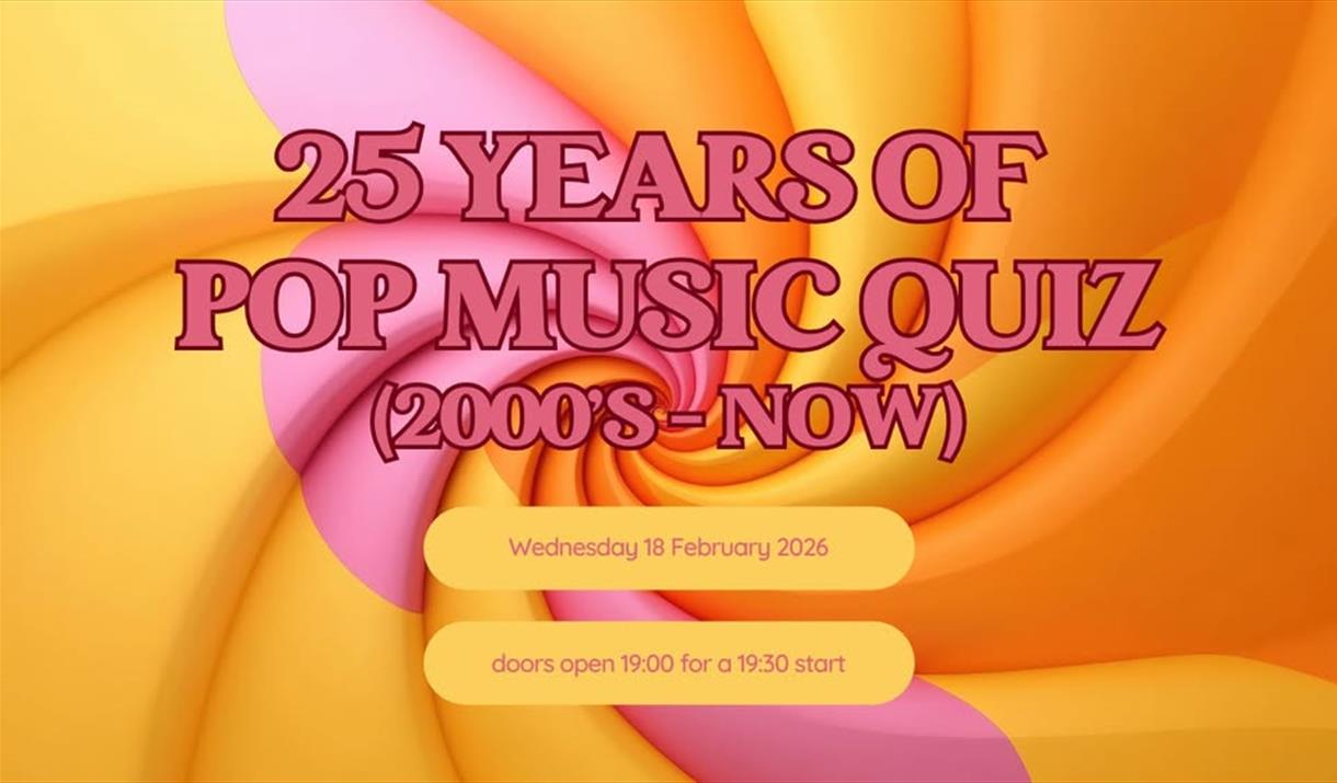 Yellow and purple poster advertising 25 years of Pop Music quiz