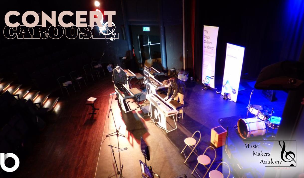 The Concert Carousel promo image of instruments on a stage with blue lighting.