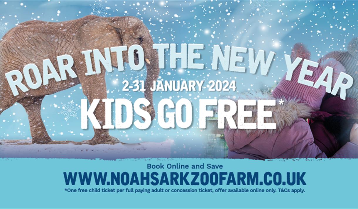 Kids Go Free at Noah's Ark Zoo Farm Graphic with snow and elephant