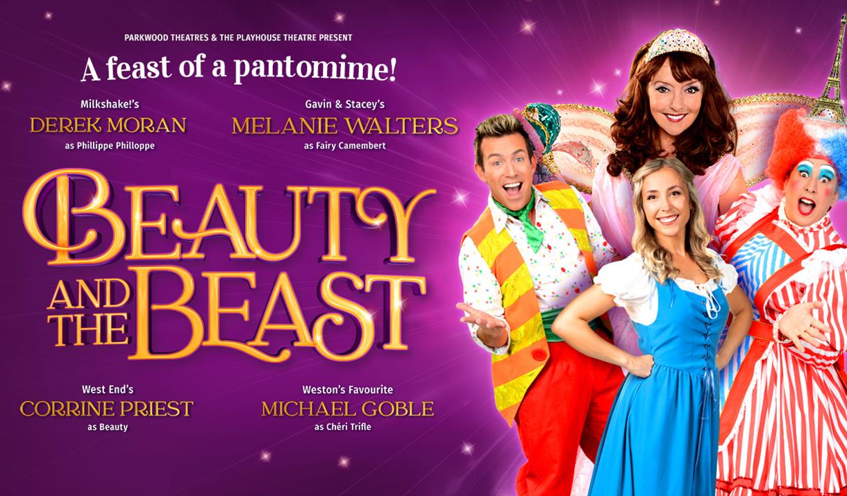 Colourful poster featuring four pantomime stars in costume advertising the Beauty and The Beast pantomime at the Weston Playhouse Theatre.