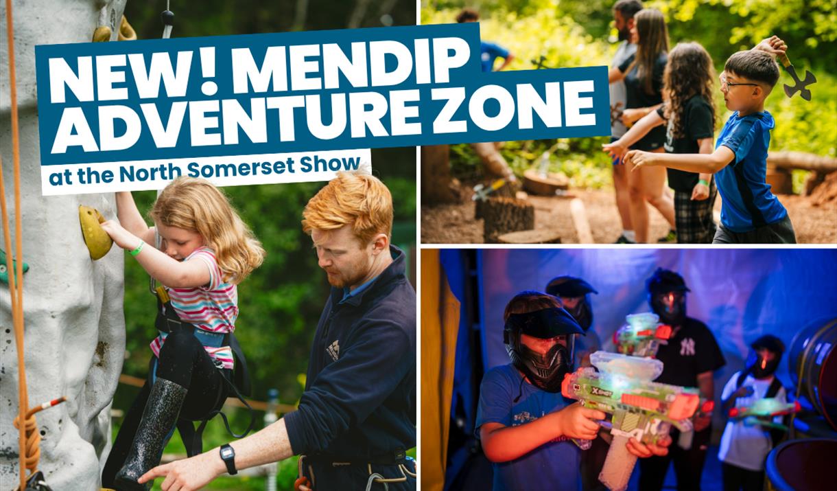 Mendip Adventure Zone will be at the North Somerset Show. Image shows a collage of activities available