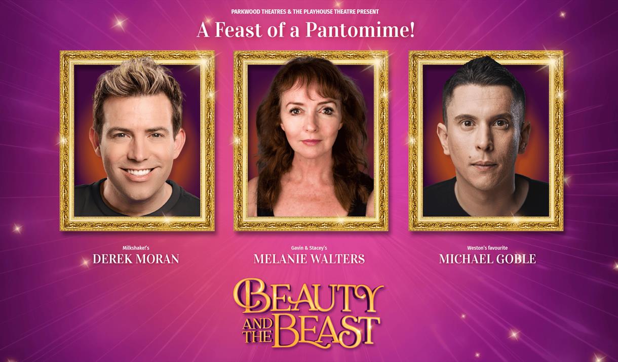 image shows 3 main actors amongst sparkly purple background. text reads "a feast of pantomime! beauty and the beast".