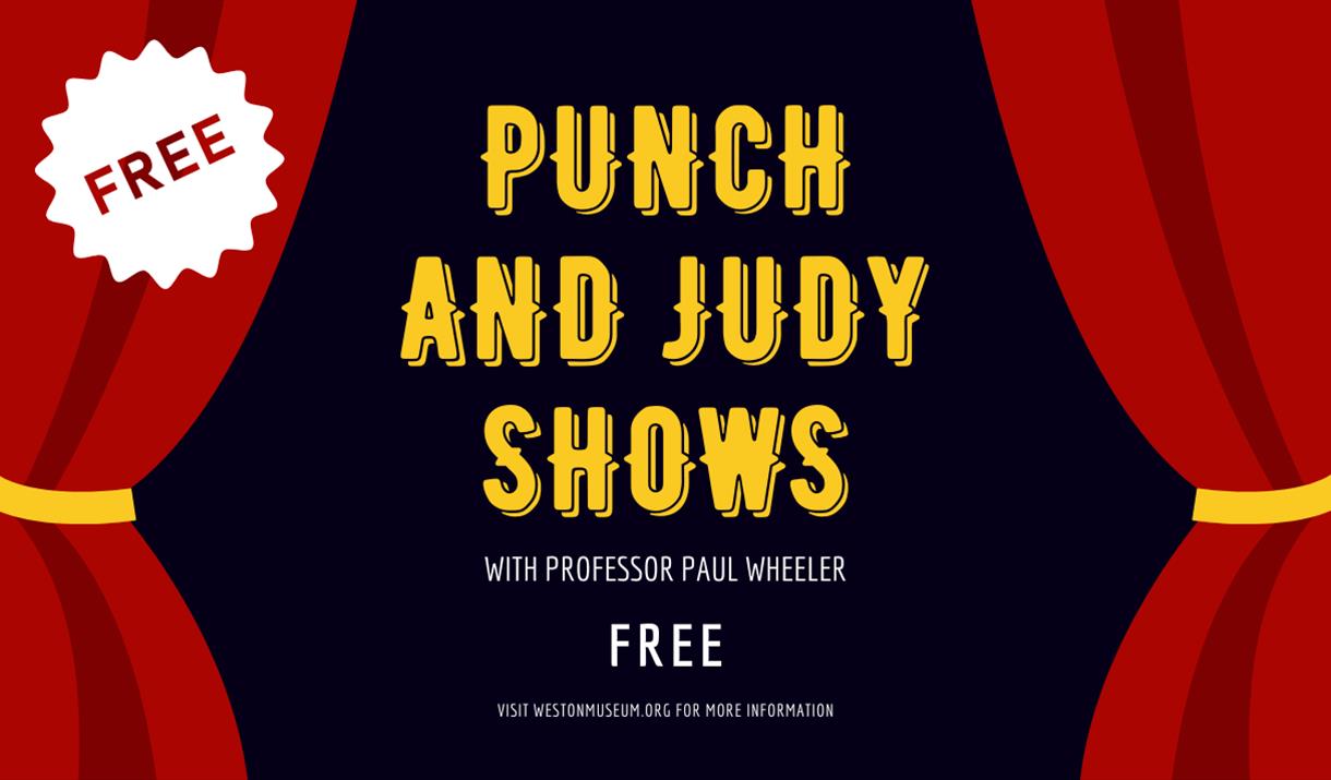 rectangular image with puppet show curtains on the left and right hand side, detailing text about the event including name, dates and times