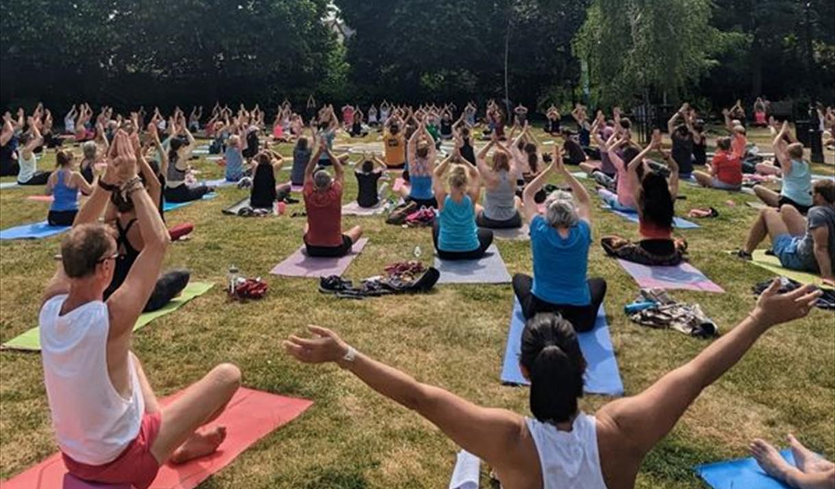 A large group of people sitting on mats doing yoga in a park