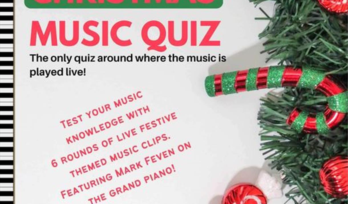 Christmas themed poster advertising a Christmas music quiz