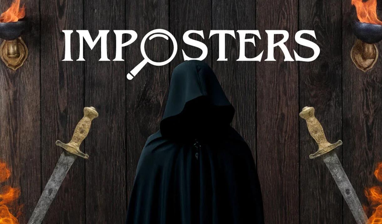 Two daggers either side of a person draped in a black cloak to promote Imposters - a murder mystery evening at the Grand Pier, Weston-super-Mare