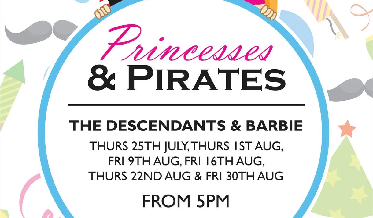 young princess and pirate cartoon, text reads "princess7pirates: the descendants and barbie