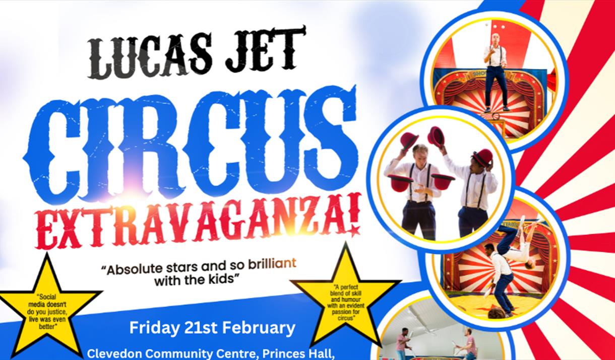 Three photographs of circus performers advertising the Lucas Jet Circus coming to Clevedon