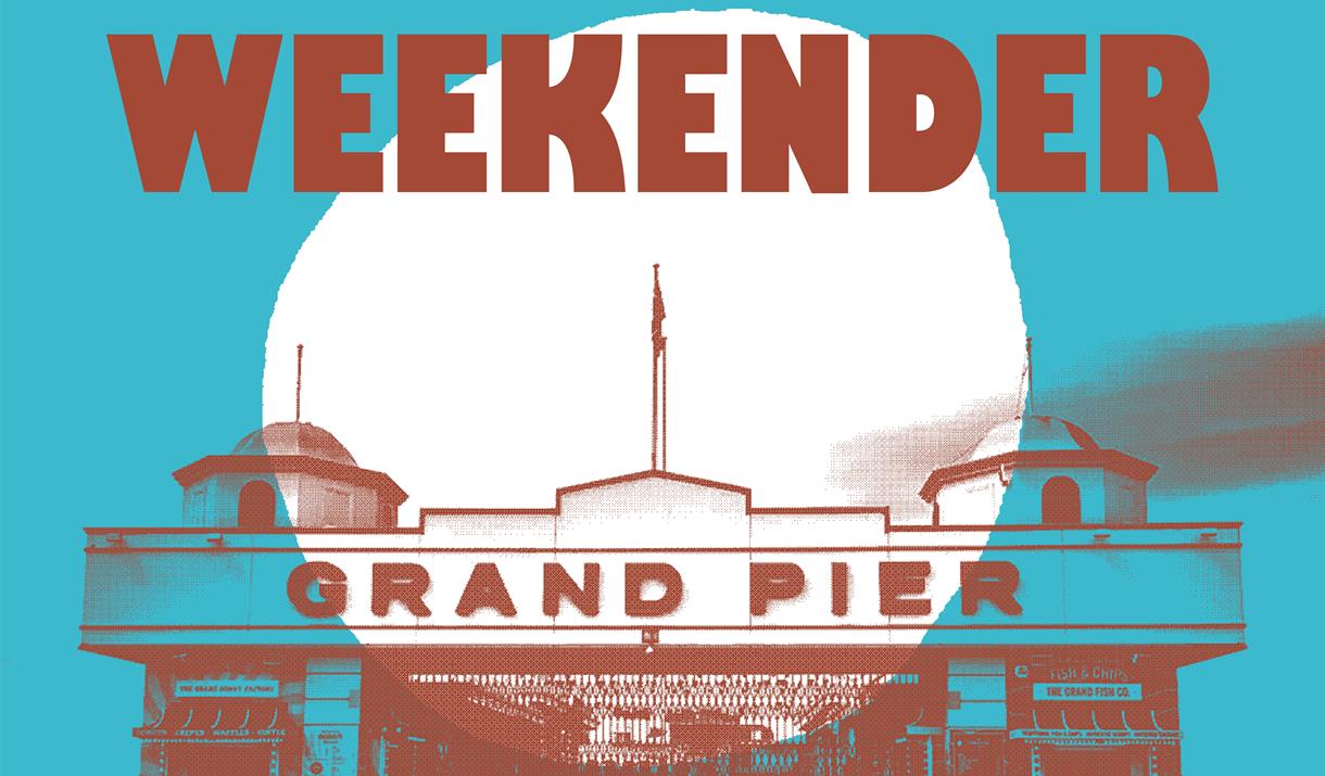 A blue background with a picture of the grand peir at the front. There is a title advertising Promenade Weekender. Instagram: PromenadeProjects01. Web