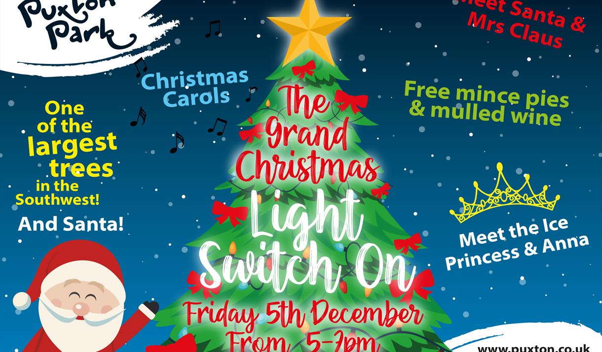 Artist's drawing of a Christmas tree and Santa Claus to promote the turning on of the Christmas lights at Puxton Park