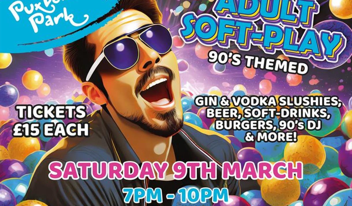 Cartoon style poster featuring a bearded man in sunglasses advertising a soft play night
