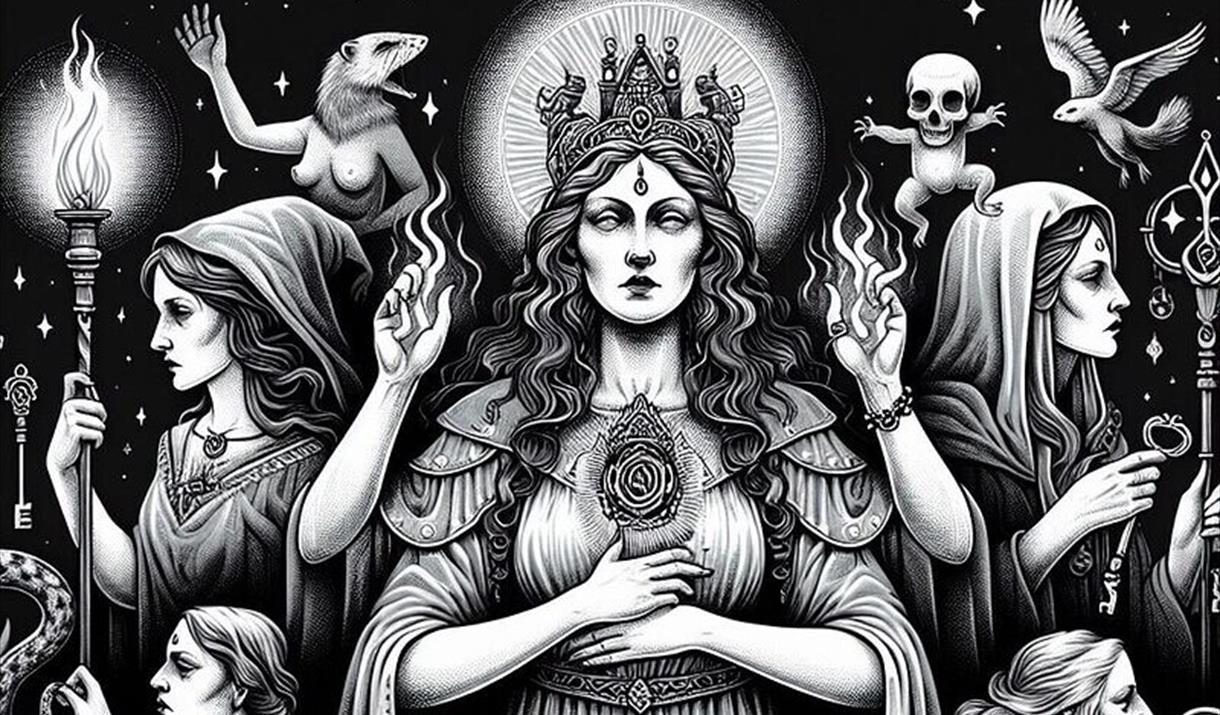 drawing of a goddess like woman with a crown and a halo surrounded by grotesque figures