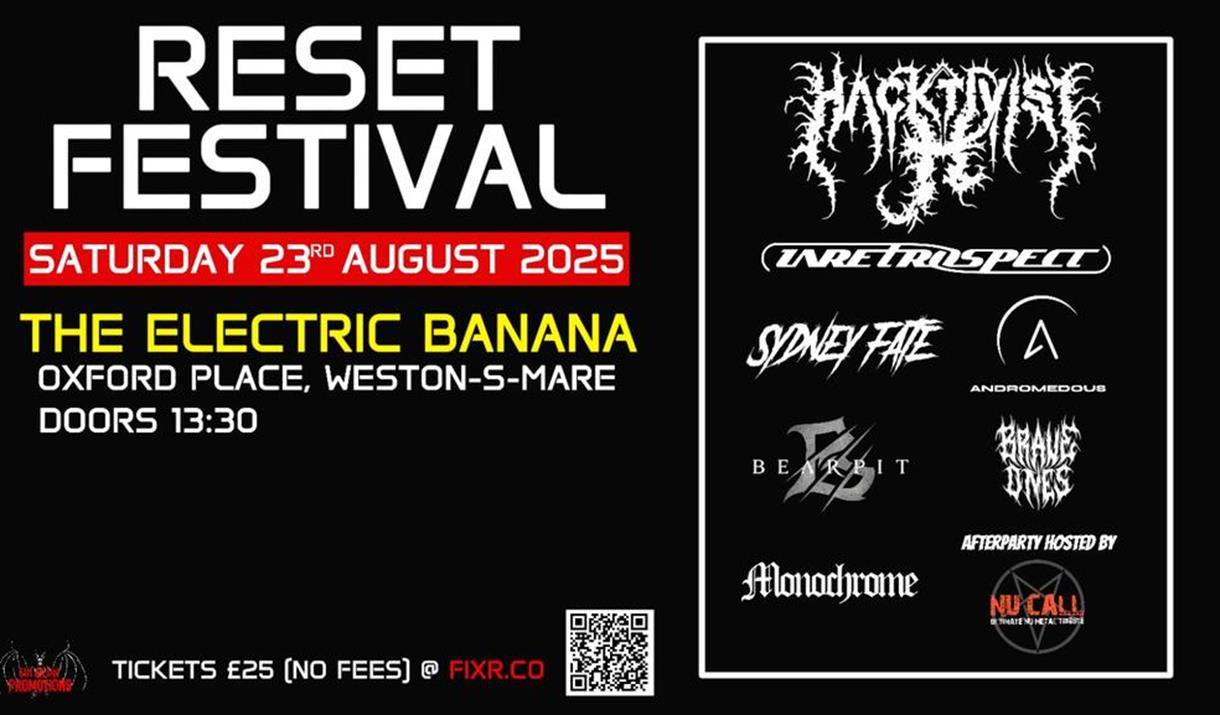 Black poster with white and yellow text advertising the Reset Heavy Metal Festival at the Electric Banana, Weston-super-Mare