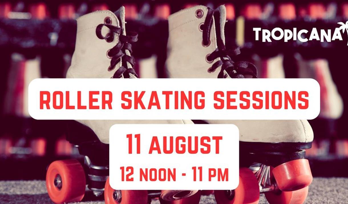 Pair of roller skates with text advertising roller skating sessions on top