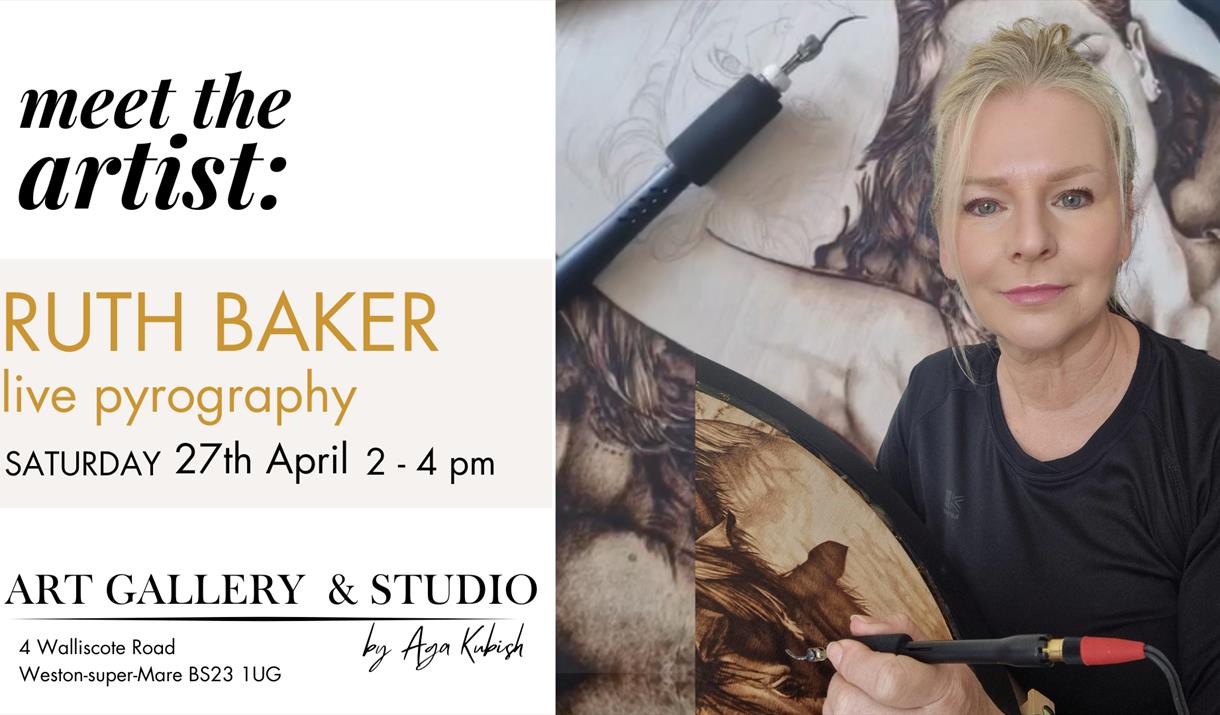 Photograph of artist Ruth Baker with her pyrography machine.