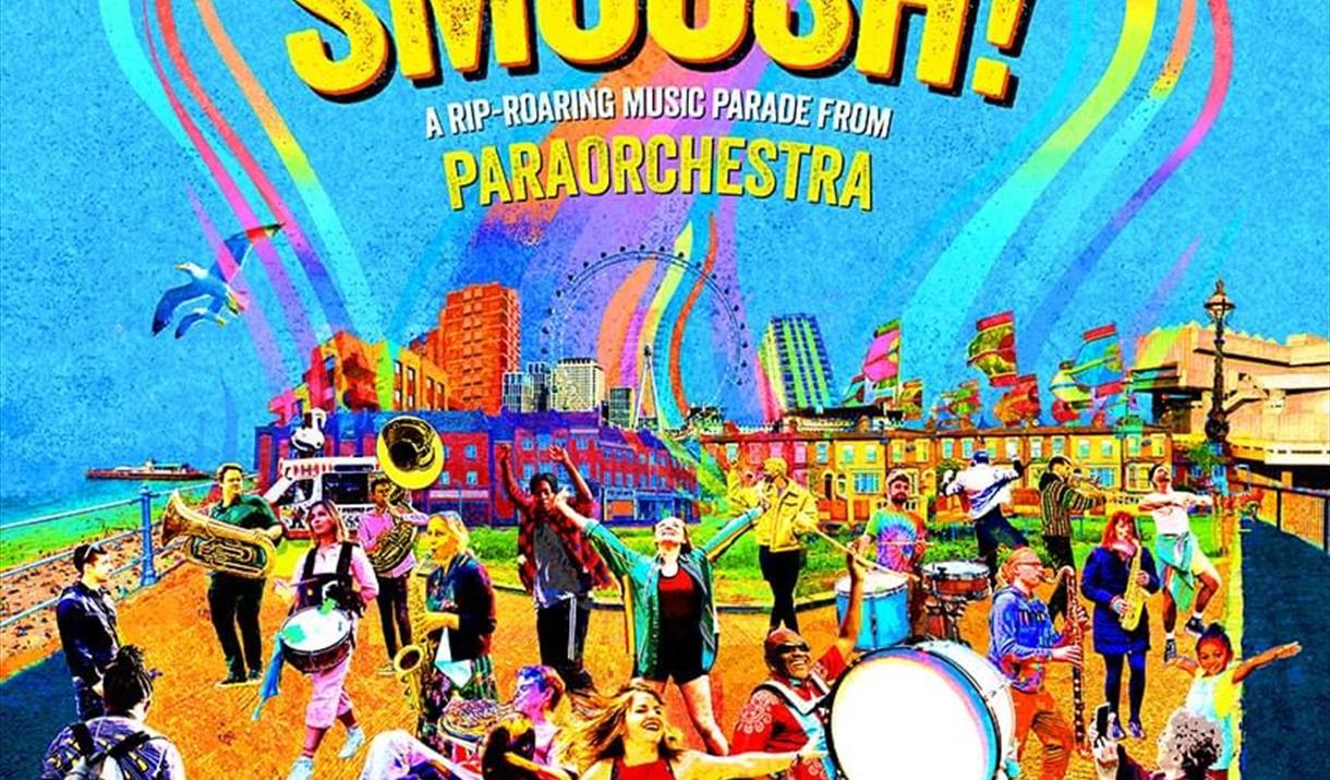 Brightly coloured poster with dancers and musicians playing instruments