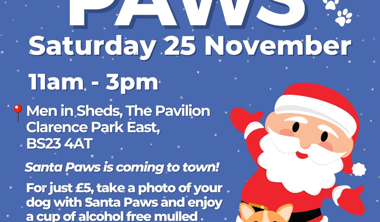 Men In Sheds Santa Paws - cartoon image of Santa, a smiling dog and mince pies.