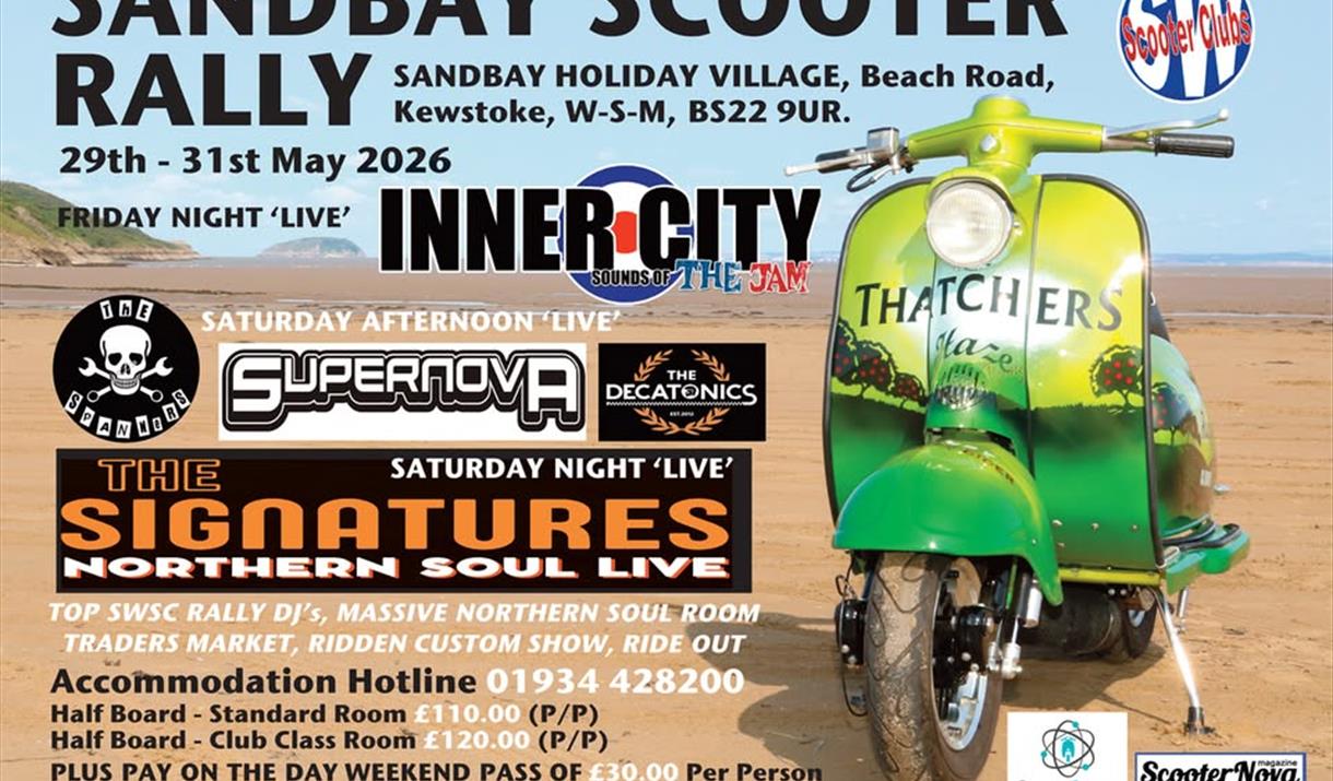 A Vespa Scooter on the sand at Sand Bay on a poster advertising the Sand Bay Scooter Rally