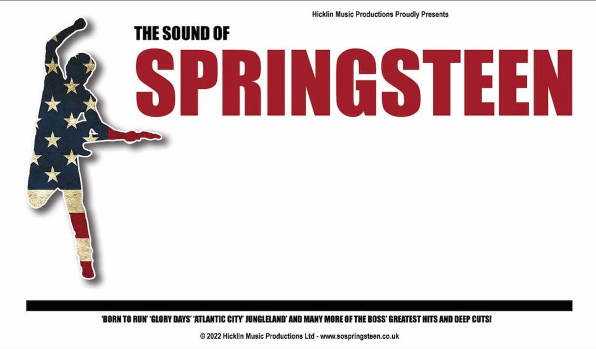 Image of Bruce Springsteen using the American flag (starts and stripes) with the words Springsteen in bright red.