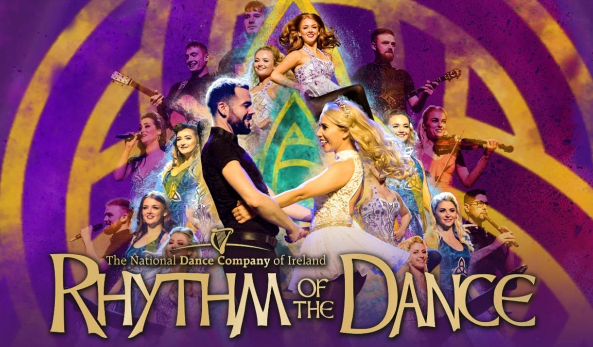 Band of musician's with two dancers in the front with a purple background with a gold Celtic knot.