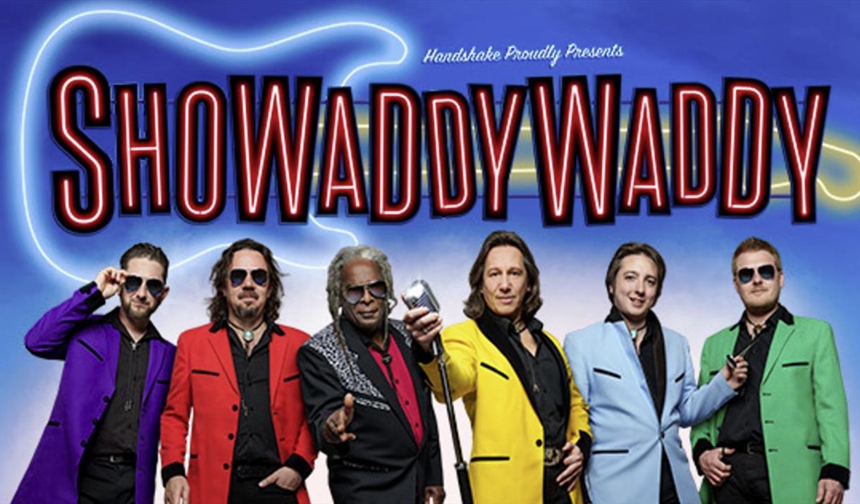 The title in a neon style over 6 men with different coloured suits, purple, red, black, yellow, blue, green and on holding a microphone.