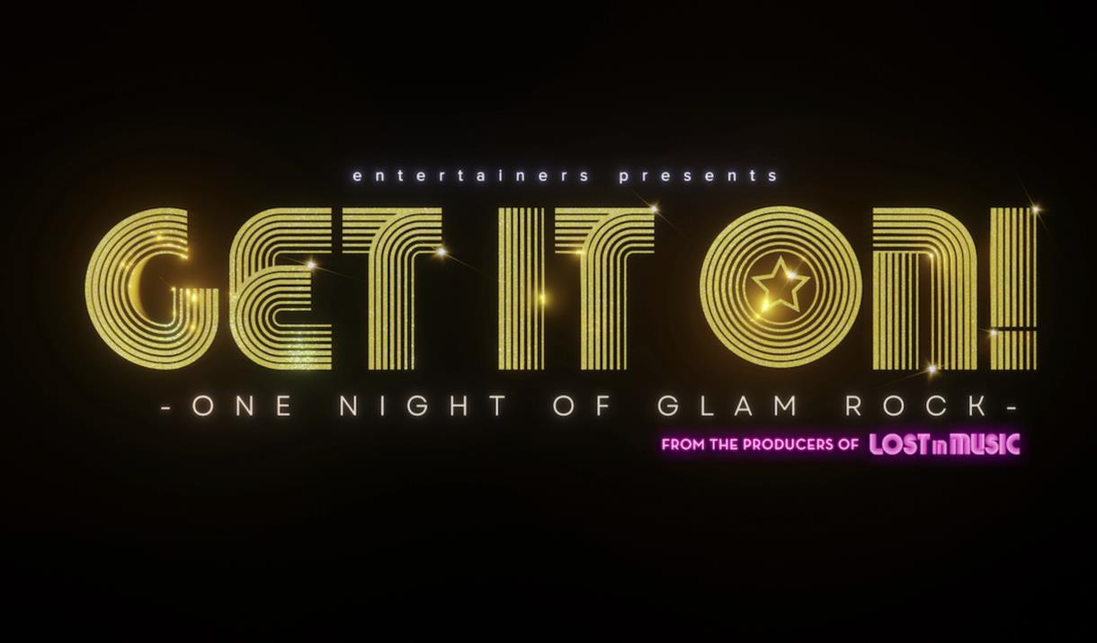 Background is black with the title is gold with the subtext is white with a small glow and pink with a small glow.