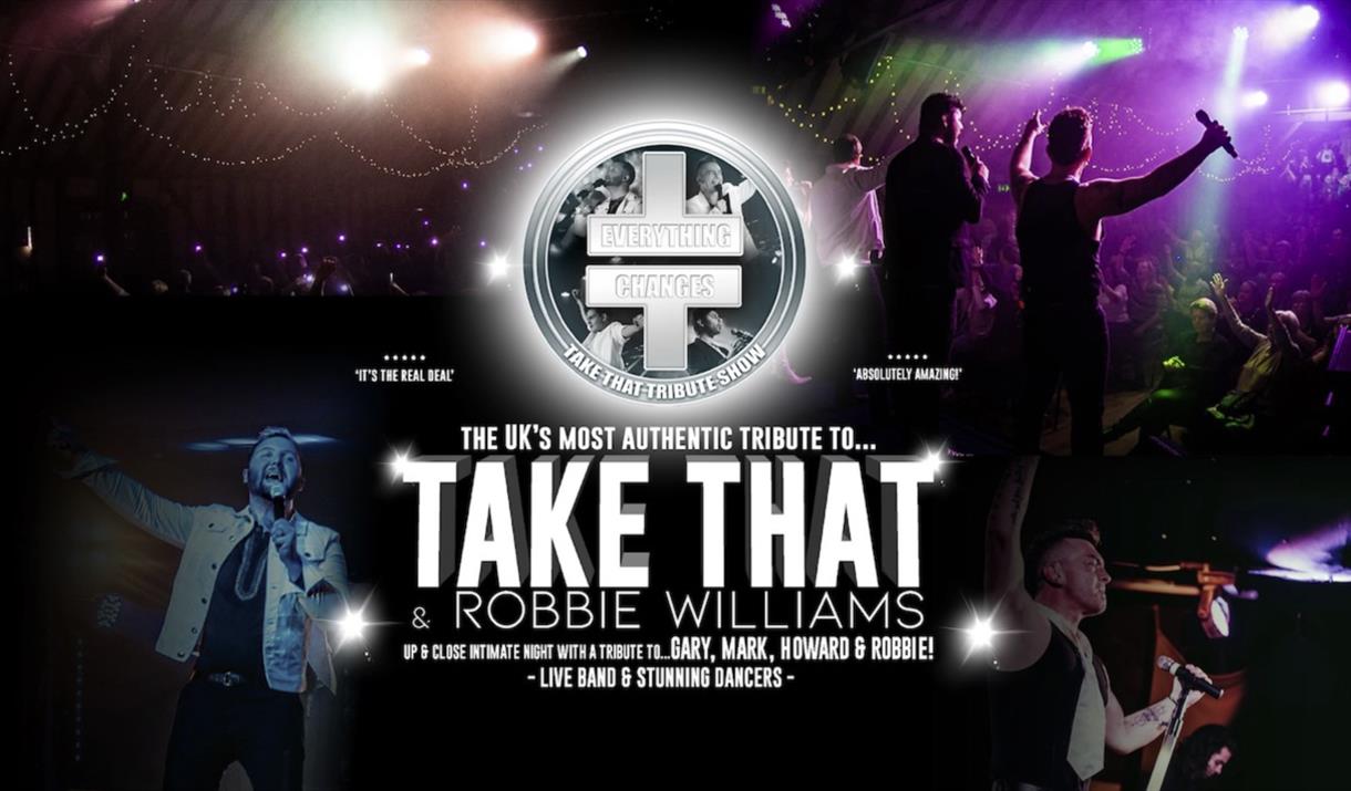Top left is a audience is fairy lights above them. Bottom left is a singer with a microphone in their hand. Top right is an audience with three men on