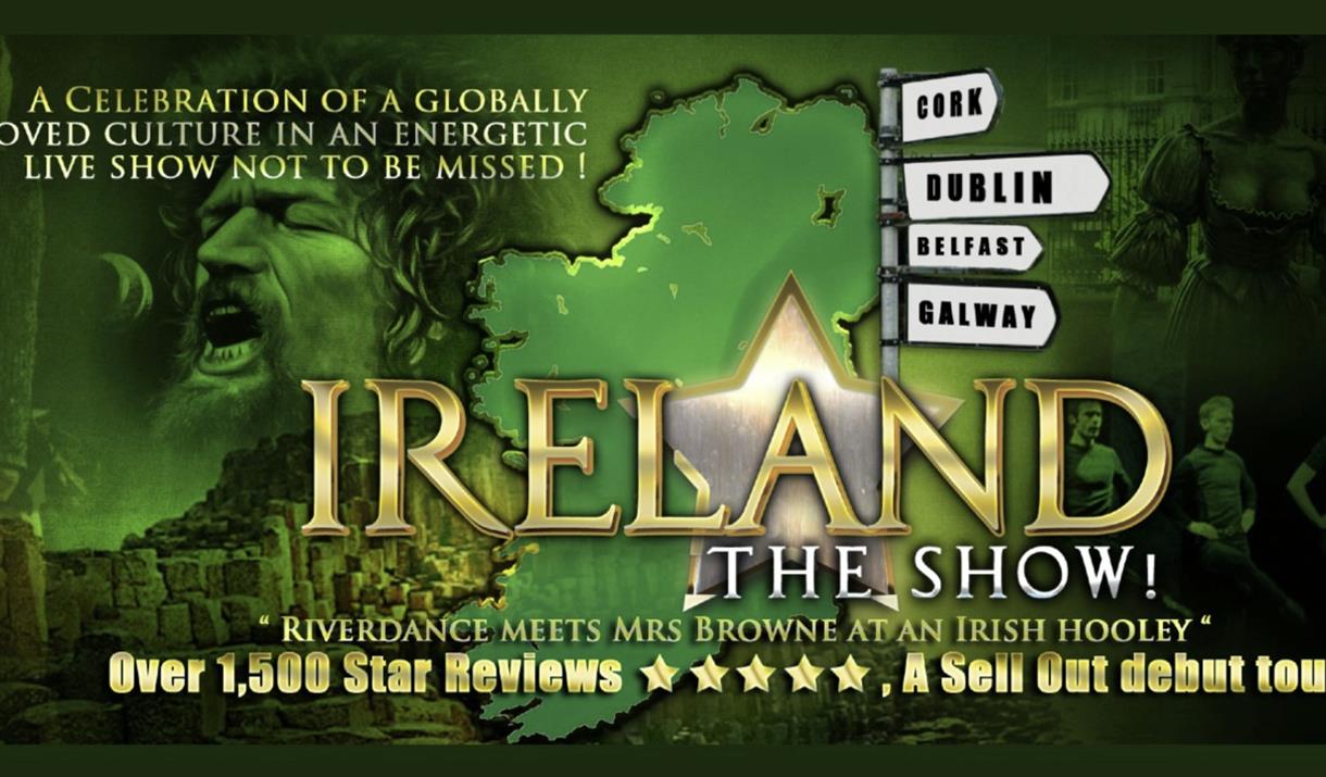 On the right is three men dancing, on the bottom left is the giant's causeway and the top left is a man singing into a microphone. In the middle in a