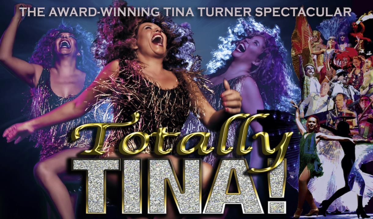 The title is in gold with diamonds in the name Tina. The back ground from centre to left is full of a woman dancing. The right is a range of people da
