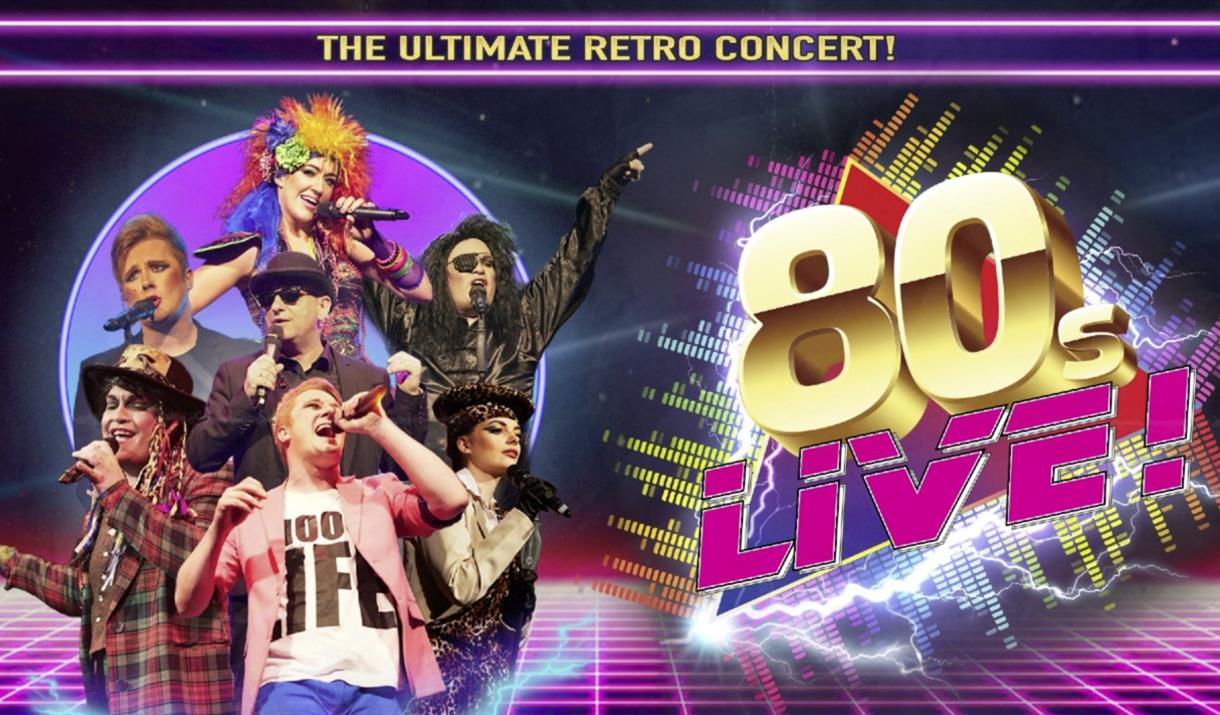 On the left is six singers with a range of different outfits. On the right is the title in a 80s style font and design.