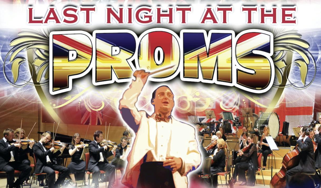 The title at the top in the centre red and white with Proms white and the British flag. At the bottom is a orchestra with a conductor in the middle.