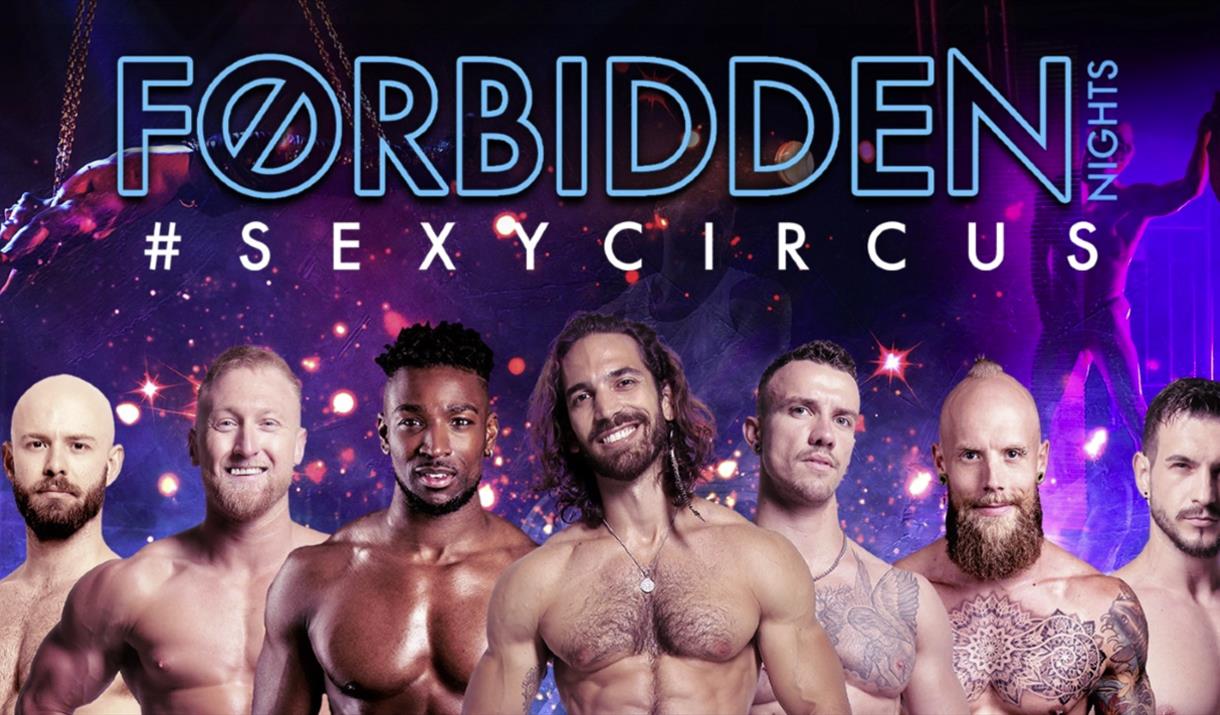 Seven men in a line topless and the back ground is different shades of purple and the title is blue