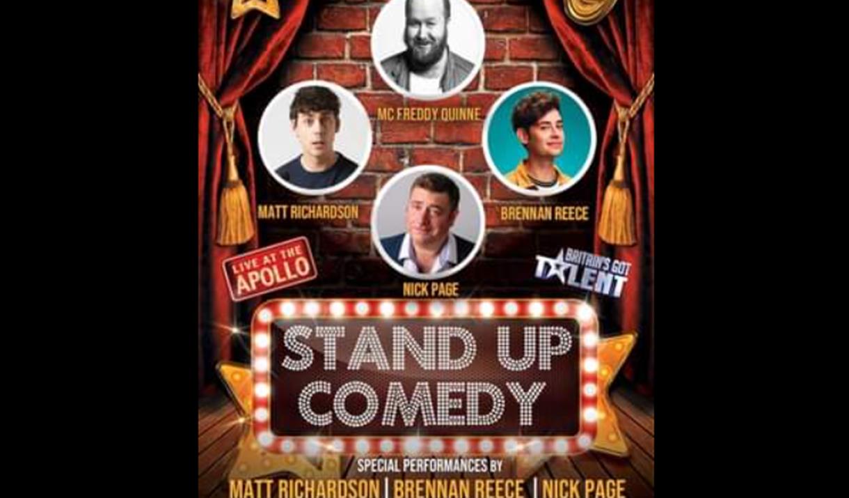 All the comedians that will perform and the title and information at the bottom.