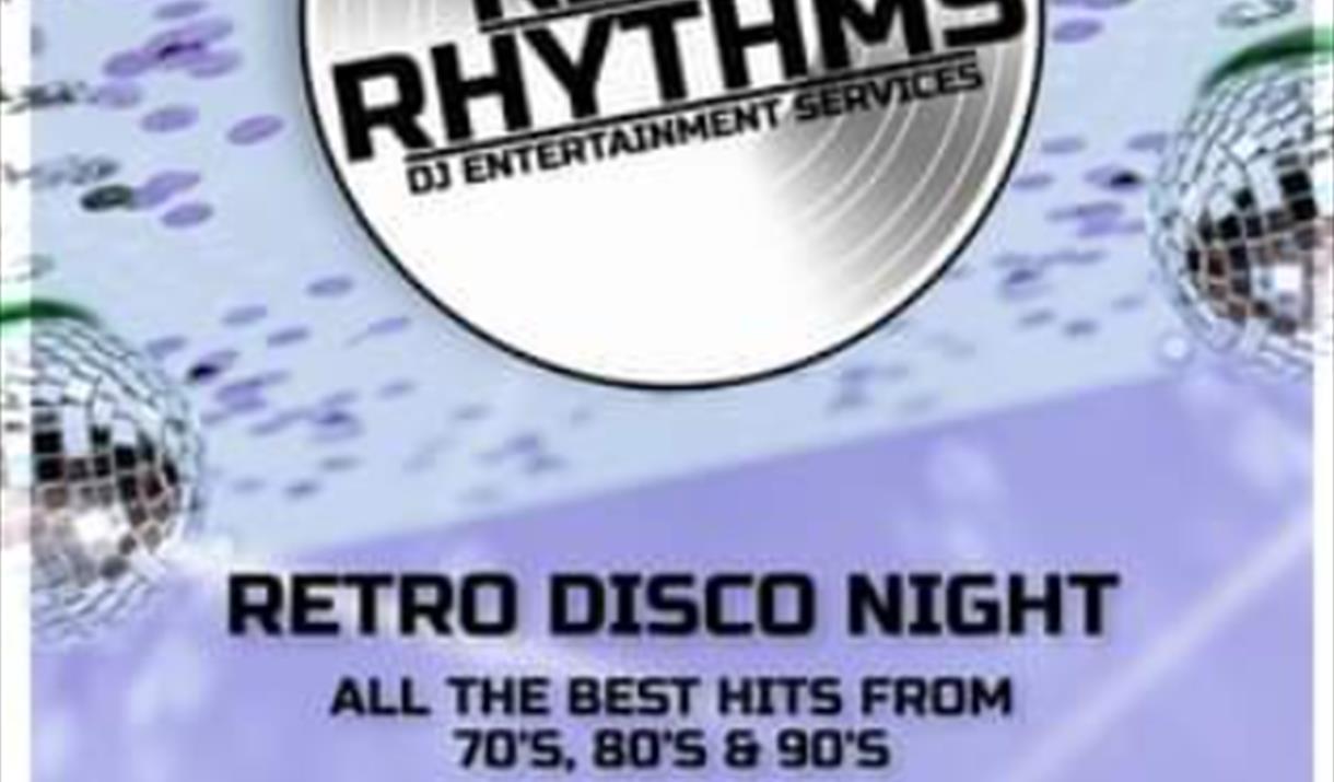 Disco balls and purple background. Information in black.