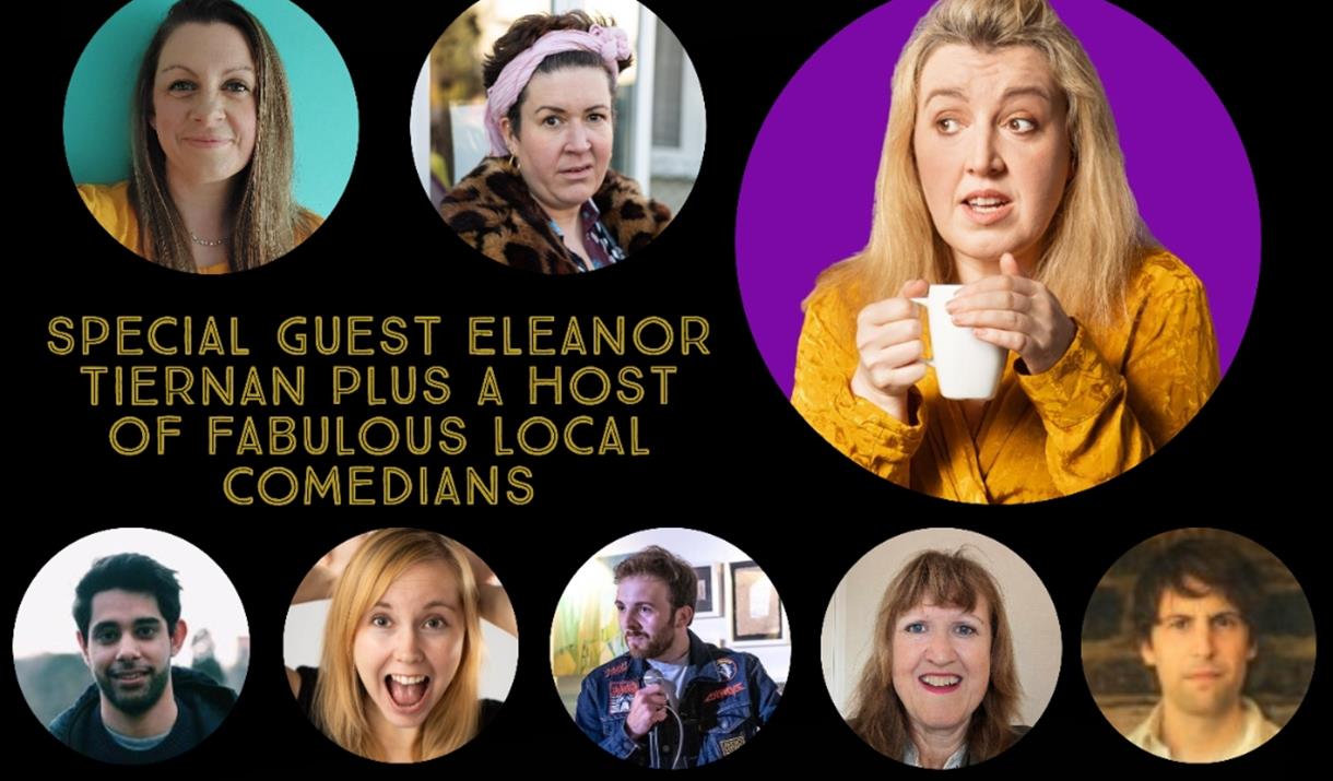 Image shows faces of 8 comedians including headliner Eleanor Tiernan.