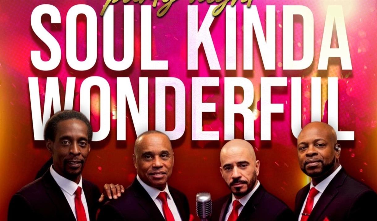 Four men in identical black suits, white shirts and red ties on a poster for the Soul Kinda Wonderful show