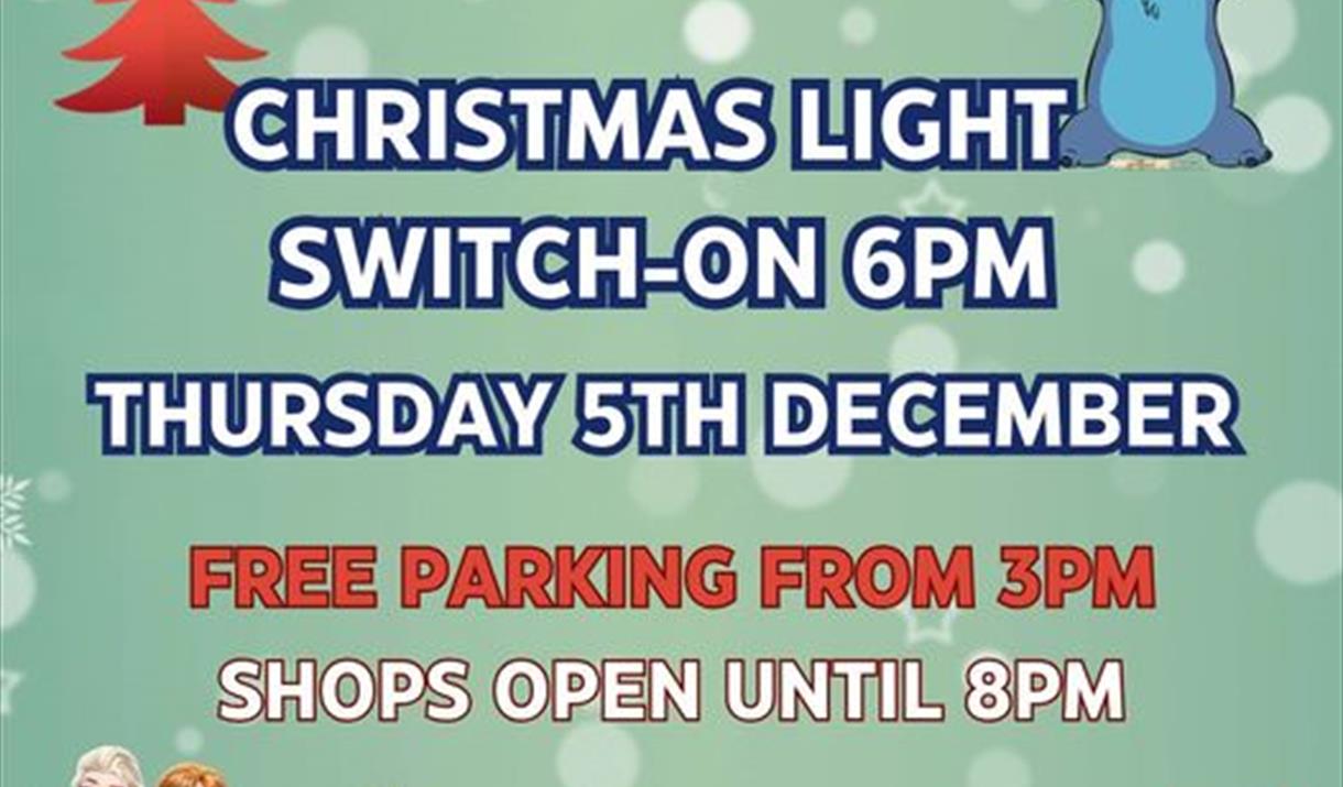 Poster advertising the Sovereign Centre Christmas Lights switch on featuring images of decorations, Santa, cartoon characters and the Lipinski Brother